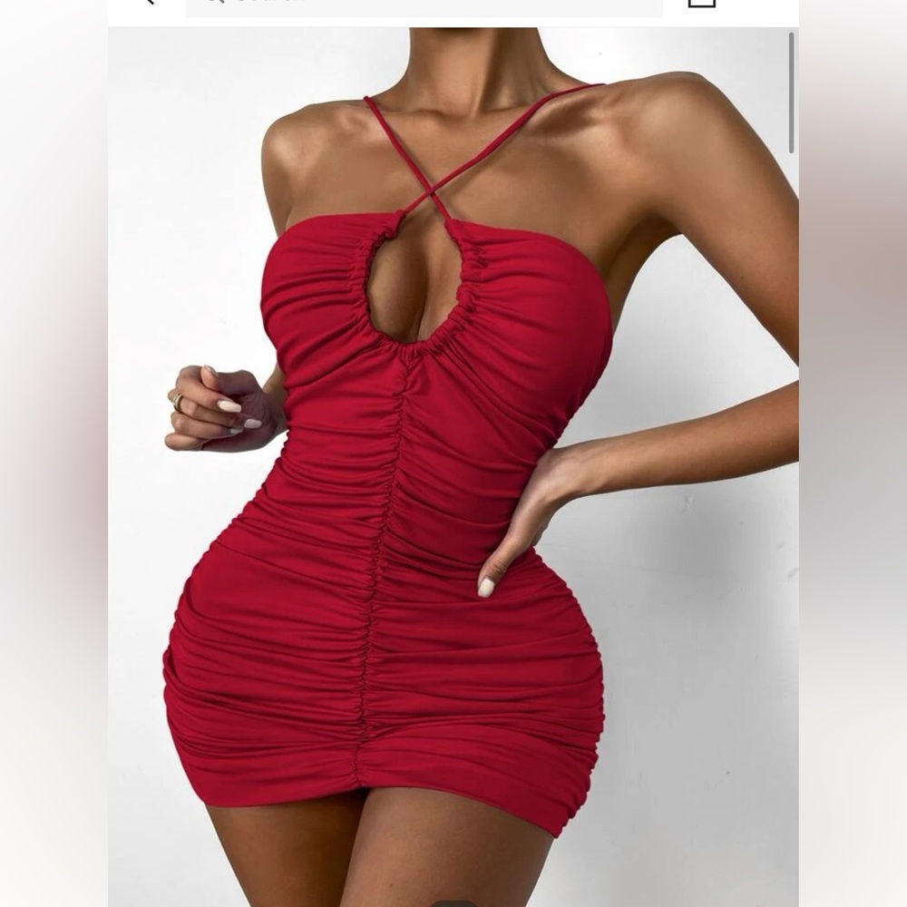 Red ruched halter dress!